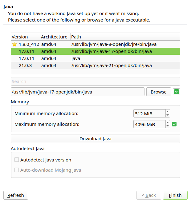 Java wizard page displayed on the first launch.