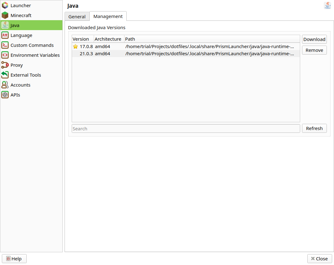 Java Management section of java tab under Prism Launcher settings